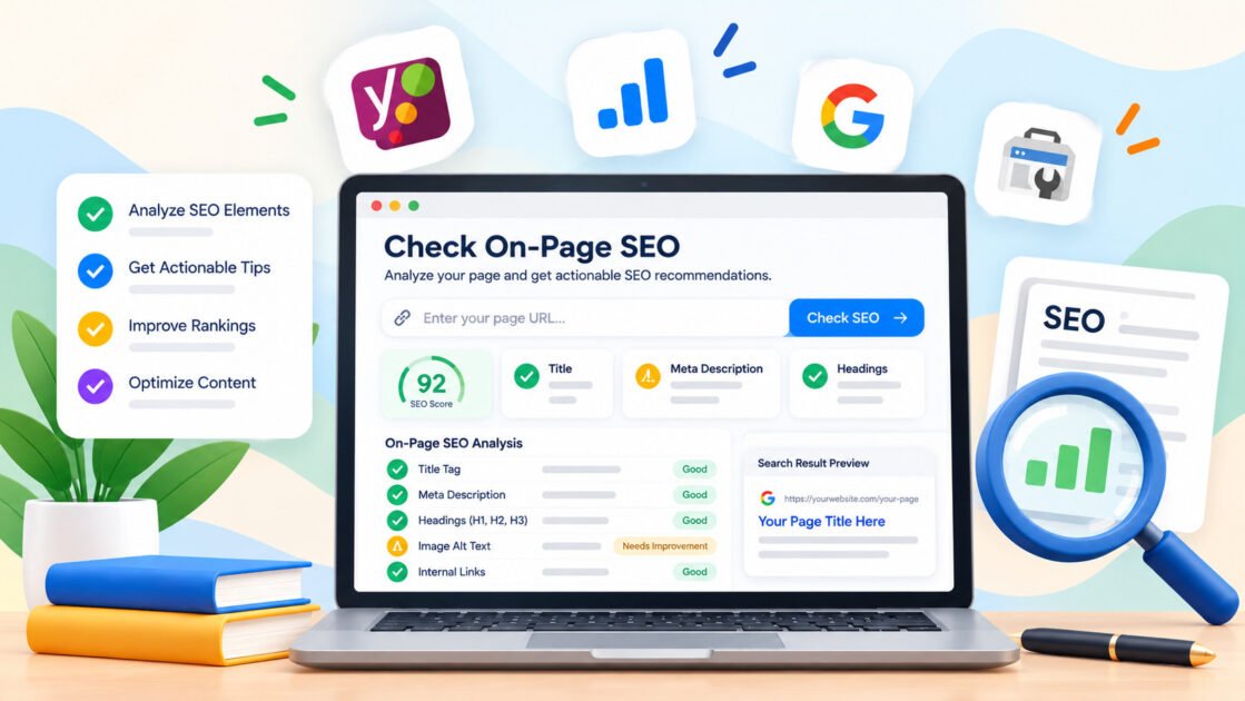 SEO Dashboard Illustration with Laptop Analysis