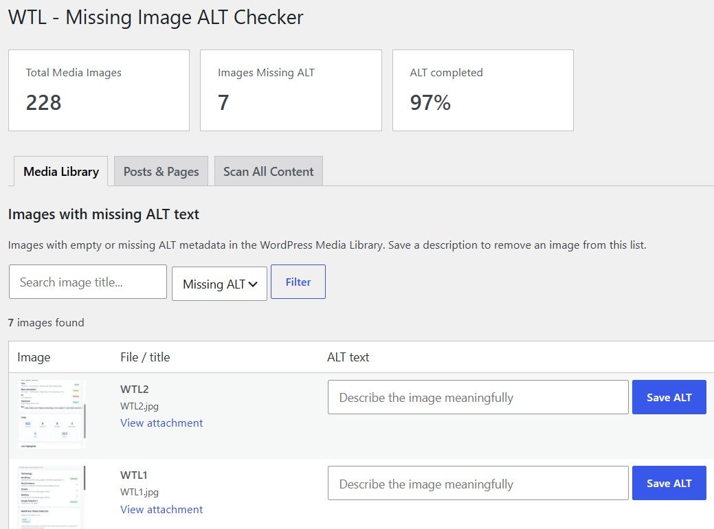 WTL Missing Image ALT Checker Media Library coverage dashboard