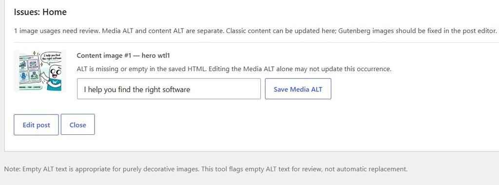WTL Missing Image ALT Checker View Issues panel showing image occurrences
