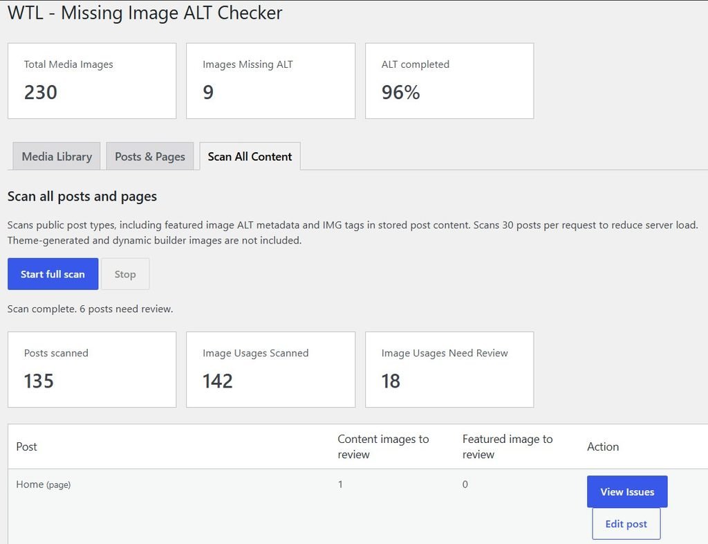 WTL Missing Image ALT Checker full content scan results