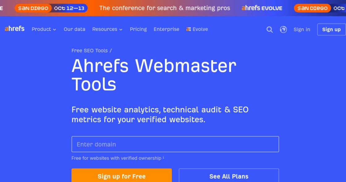 Ahrefs Webmaster Tools official website screenshot