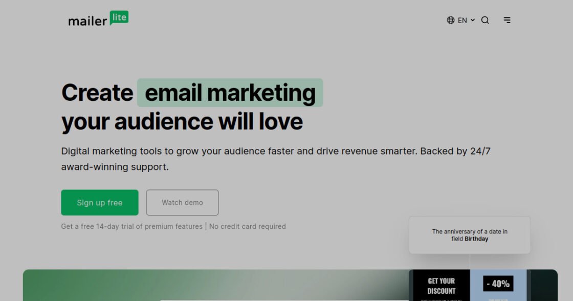 MailerLite official website screenshot