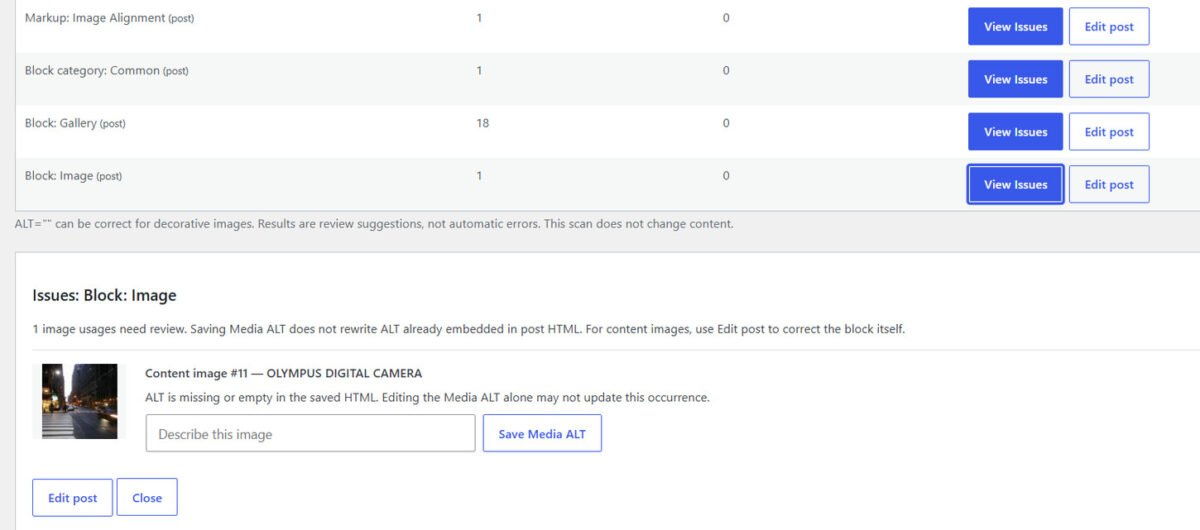 View Issues showing a content image that needs ALT review