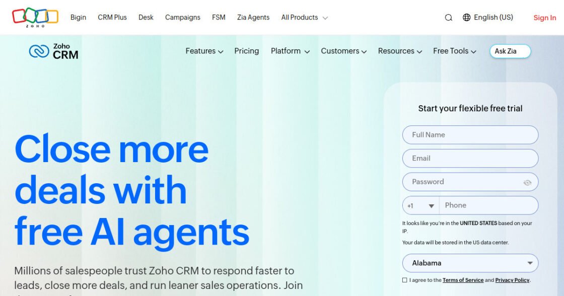 Zoho CRM official website screenshot